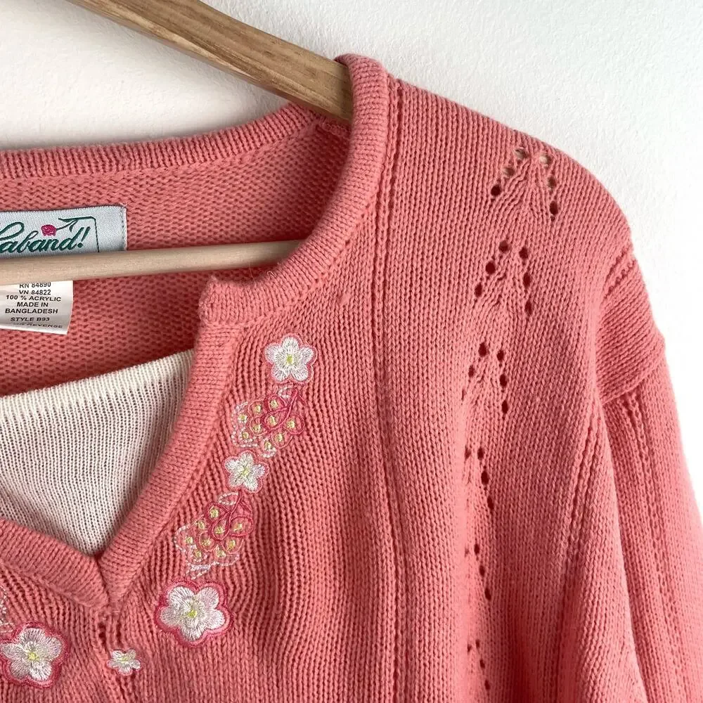90s Vintage Floral Embroidered Coquette Sweater Peach Pink - Size 2X